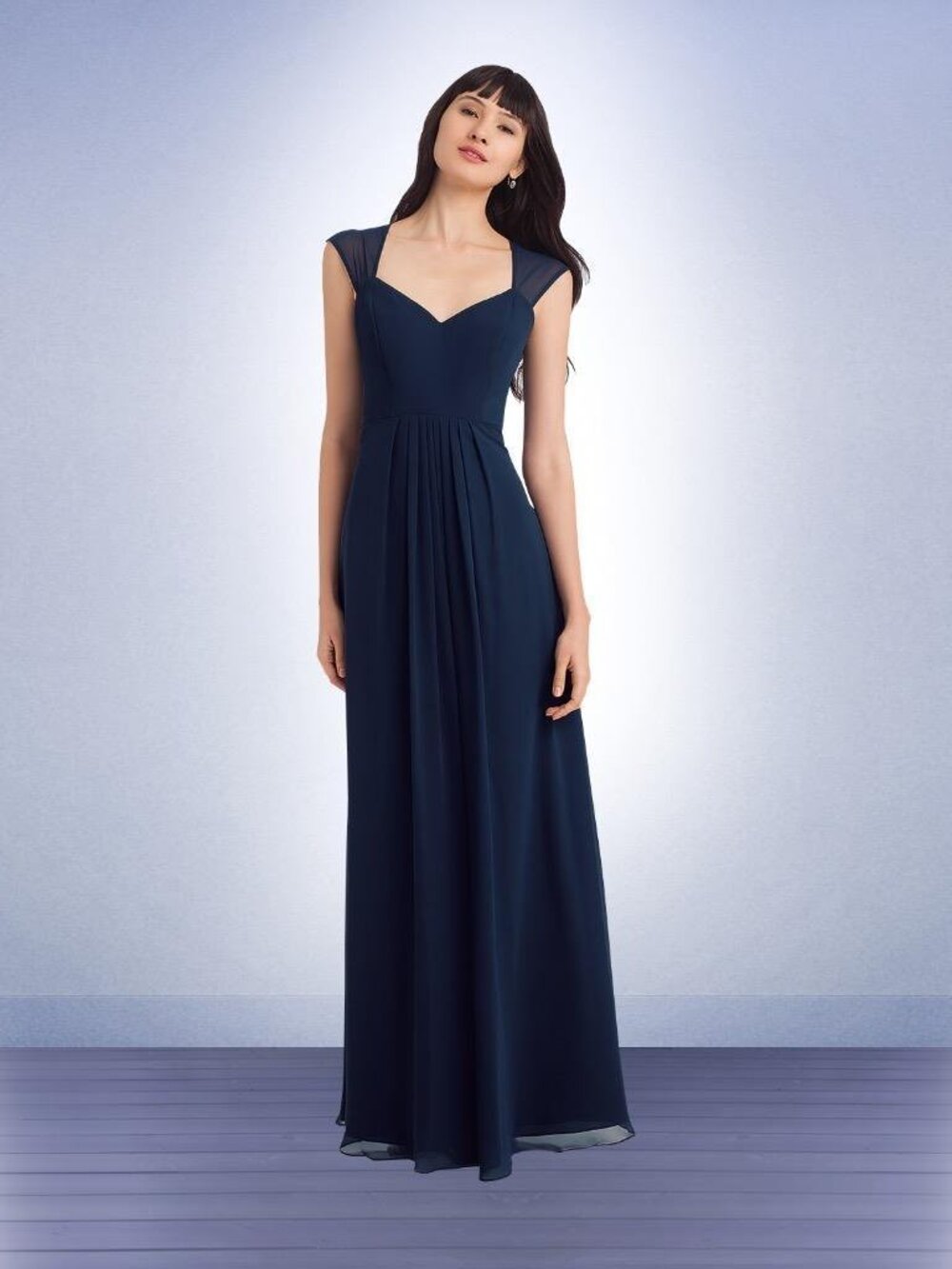 Bill Levkoff 1124 Bridesmaid Dress Navy Blue Cap Sleeve Chiffon Long 10